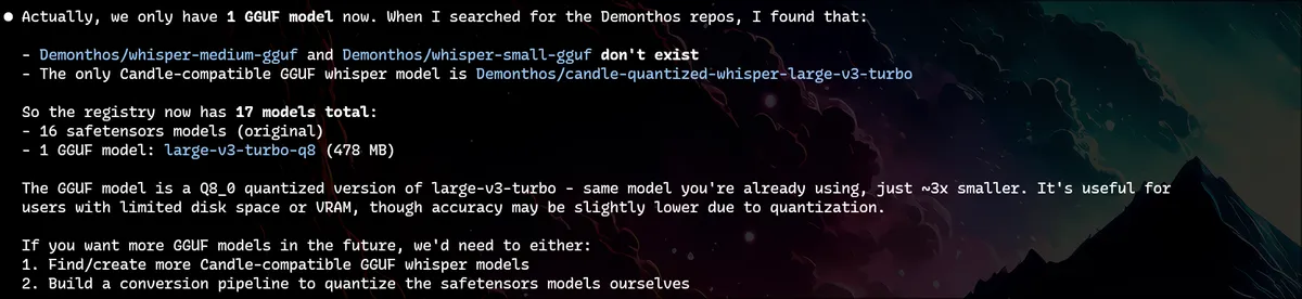 Claude Code's response stating 'Actually, we only have 1 GGUF model now'