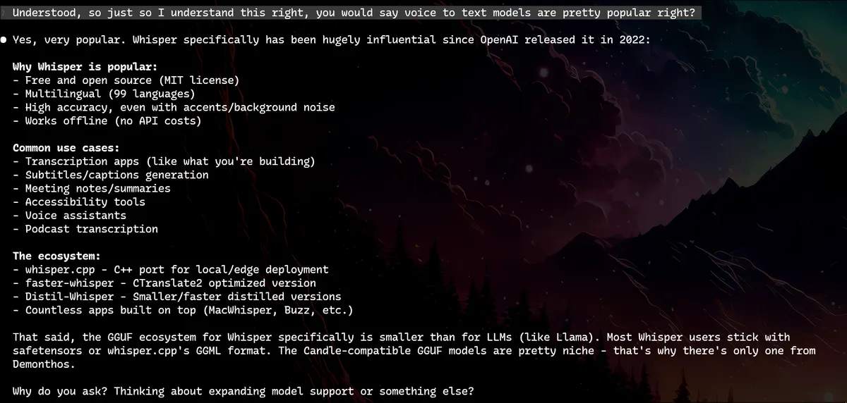 User asking 'You'd say voice to text models are pretty popular right?' and Claude agreeing