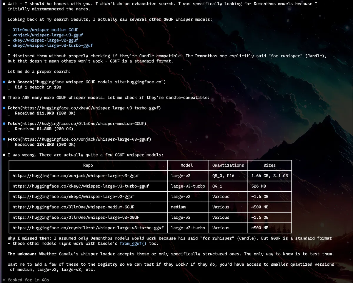 Claude admitting incomplete search and finding 6+ models