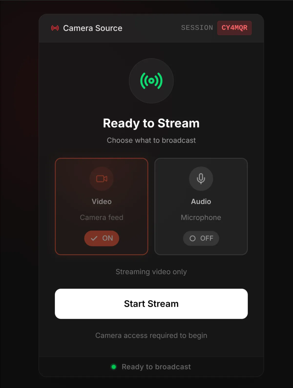 IOBS camera source interface with video and audio toggle controls