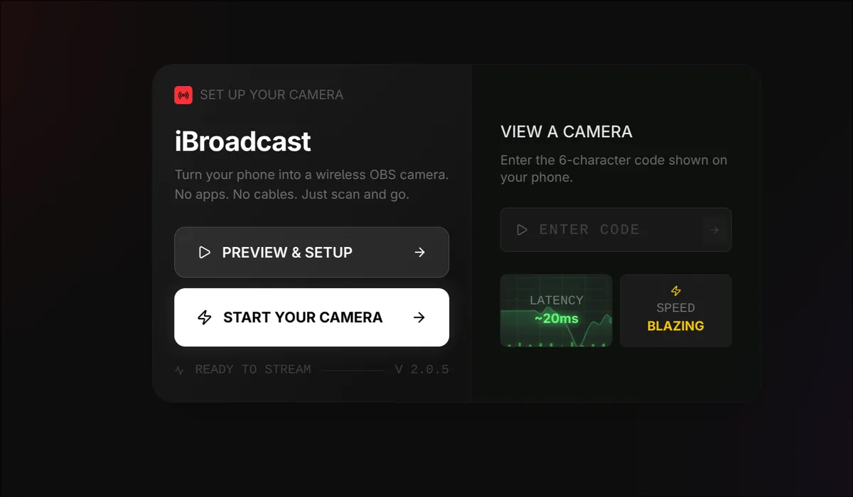 IOBS desktop interface showing iBroadcast setup with ~20ms latency