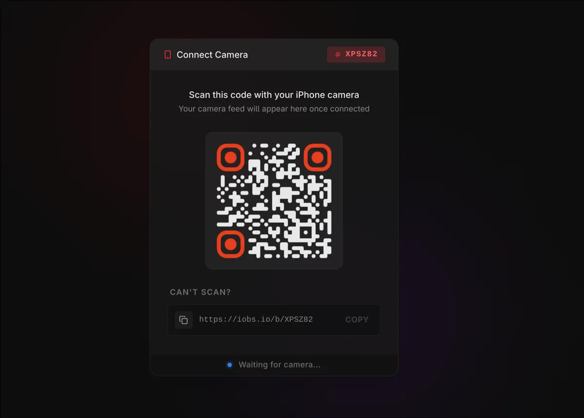 IOBS QR code connection screen for easy camera pairing