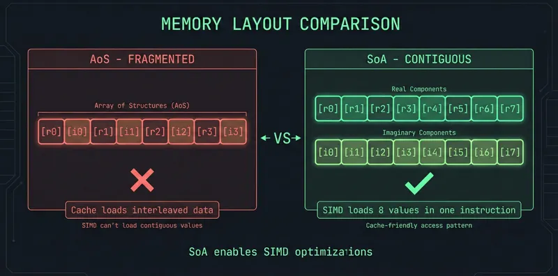 Memory layout comparison showing AoS (fragmented, red) vs SoA (contiguous, green) with SIMD loading visualization